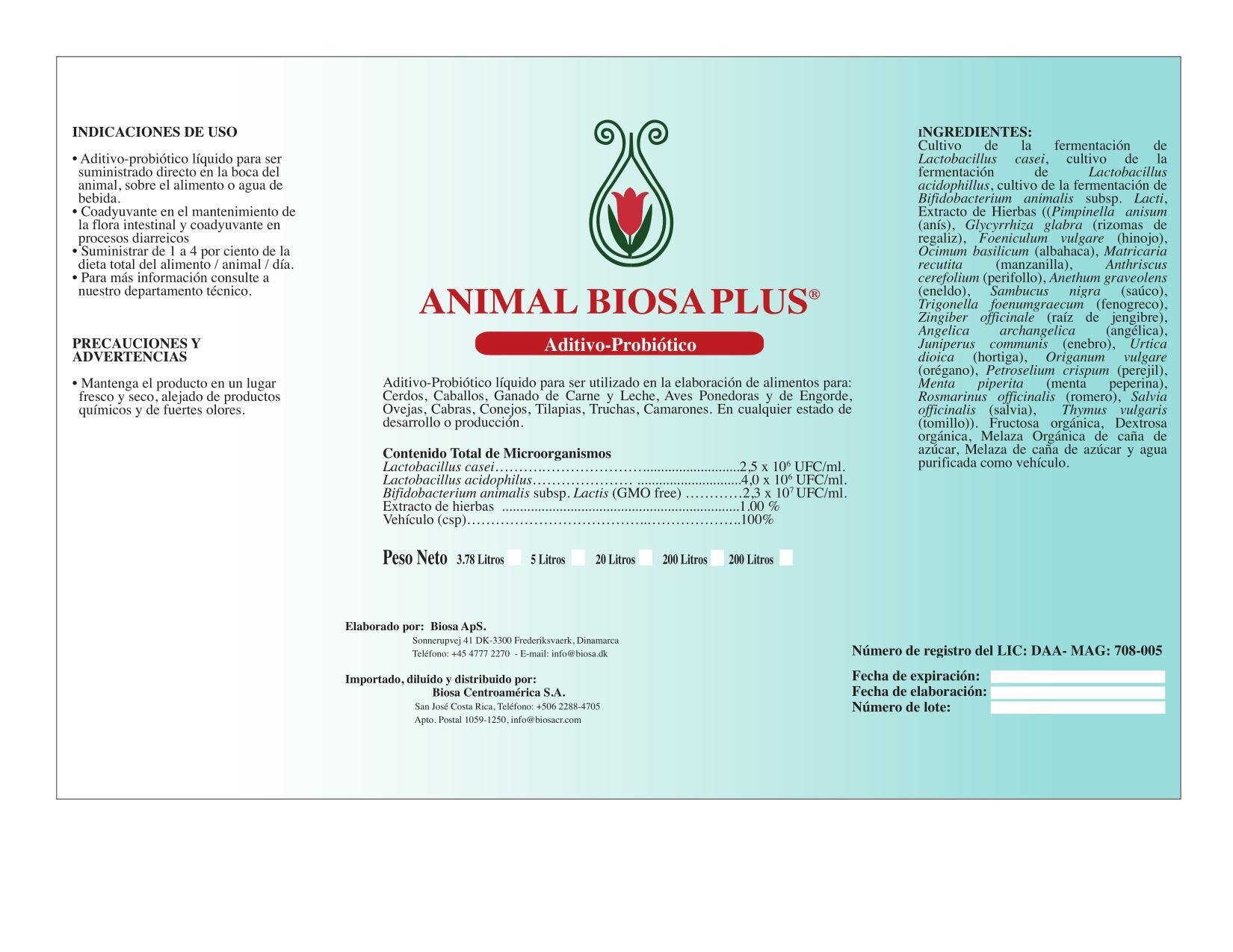 Etiqueta anterior de Animal Biosa Plus
